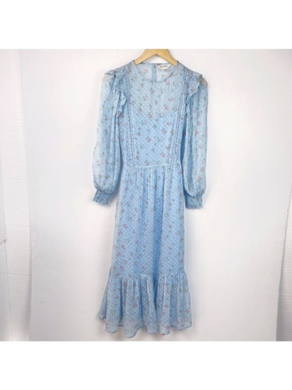 Miss Selfridge mesh midi smocked dress in light blue size 2